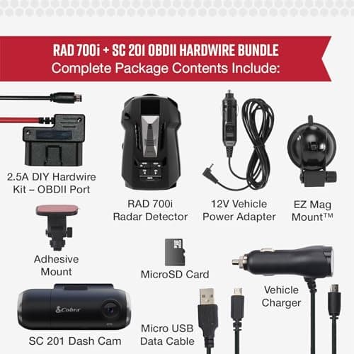 Cobra RAD 700i Radar Detector & SC 201 Smart Dash Cam + 2.5A OBD Port to Micro USB DIY Easy Hardwire Kit: Long Range Rapid Radar Detection, Full HD 1080P Video + 16GB SD Card, Built-in WiFi & GPS 6