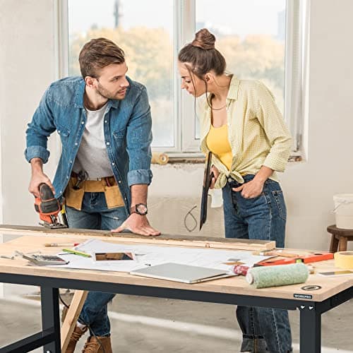 WORKPRO 60" Adjustable Workbench, Rubber Wood Top Heavy-Duty Workstation, 2000 LBS Load Capacity Hardwood Worktable with Power Outlets, for Workshop, Garage 6