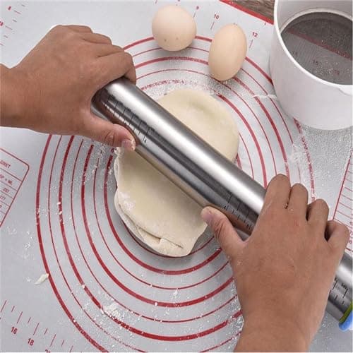 Rolling Pin nonstick and Silicone Baking Pastry Mat combo kit, Adjustable Rolling Pin With Thickness Rings for Baking Fondant, Pizza, Pie, Pastry, Pasta, Dough, Cookies (red) 7