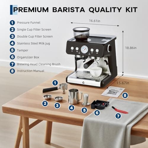 Garvee Stainless Steel Espresso Machine with Grinder & 20 Bar Pressure, 2.8L Removable Water Tank, Milk Frother Steam Wand for Latte/Cappuccino - Adjustable Shot Volume, Professional Home/Office Use 5