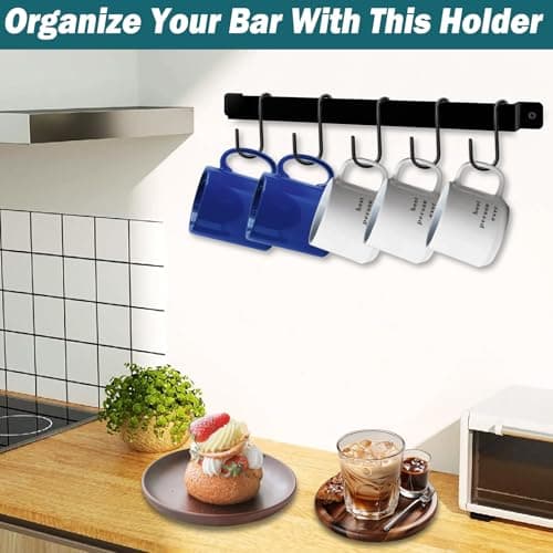 BIHOMIFI 2 Pack Steel-made Kitchen Utensil Rack Organizer Wall-mounted Pot Pans Wall Hanger Holder for Coffee Mug Rack Cup Hanging Kitchen Black with 10 S Hooks 6