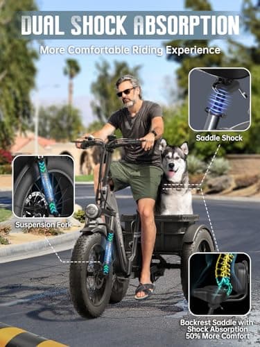 PUCKIPUPPY Dual Battery Electric Tricycle with 110-Mile High Range, 960W Peak Motor Pickup Class Trike, 500lb Load Capacity, 20'' Fat Tires and Large Basket for City and Mountain Trails, Husky Plus 6