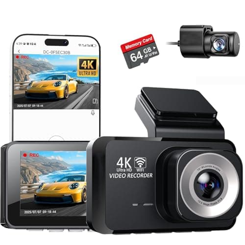 4K Dual Channel Dash Cam Front and Rear, Free 64GB Card Included, 5.8GHz WiFi Dash Camera for Cars, Built-in GPS, G-Sensor, 170°Wide Angle, 3" IPS Screen, 24H Parking Mode, Support 512GB Max