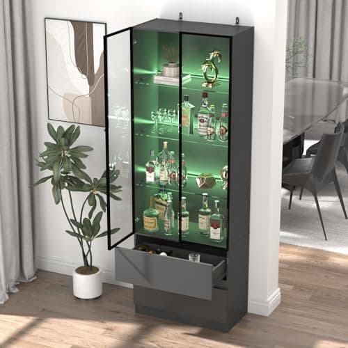 ZORPLIX Glass Display Cabinet with LED Lights, Display Cabinet with 2 Glass Doors, Storage Cabinet with 4 Adjustable Shelves and 2 Drawer, Curio Cabinet for Collectibles, Living Room 5