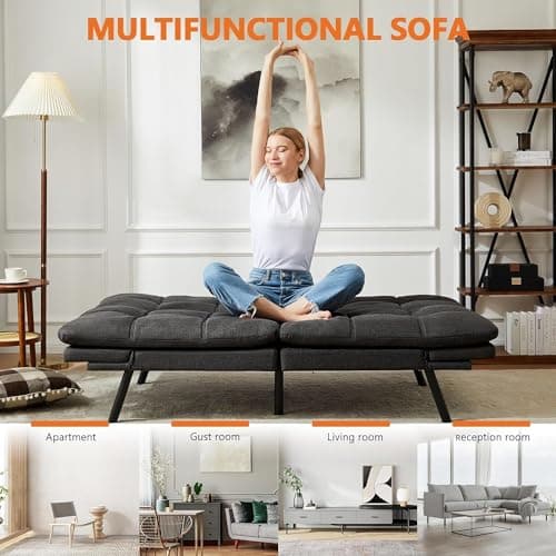 Sweetcrispy Sofa Couch, Futon Sofa Bed, Loveseat Sleeper Futon for Living Room, Foldable Memory Foam Furniture, Convertible Full Size Sofa, Adjustable Backrest and Armrests, Linen, Grey 6