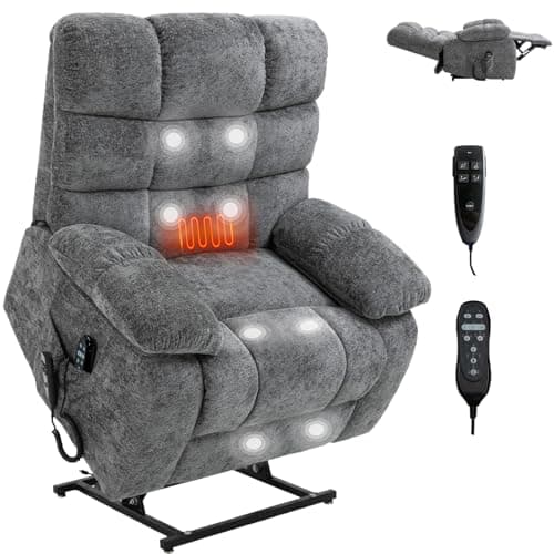 Sicilyforny Recliner Series: Big & Tall Power Lift Recliner, 40.55" W Seat, Dual Motor Heat Massage Electric Chair, 350lb Capacity (Chenille, Grey)