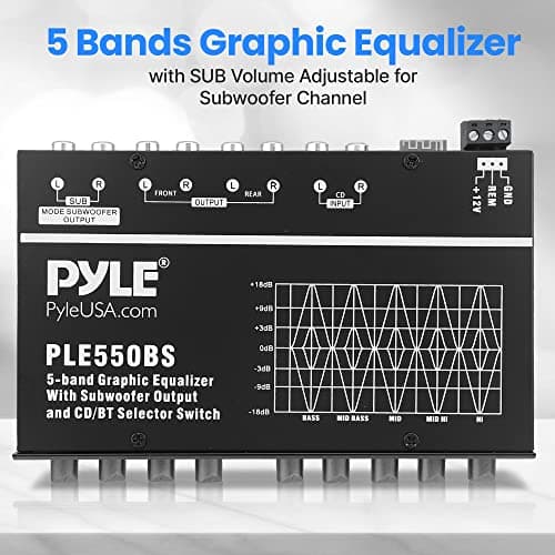 PyleUsa 5 Band Graphic Equalizer with Bluetooth, Adjustable SUB Volume for Subwoofer Channel, Low Pass Filter, Front Rear Fader, HiFi Car Audio EQ with RCA Inputs Outputs 5