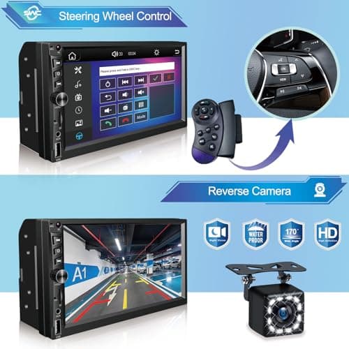 Wireless Double Din Car Stereo Works with Apple Carplay,7 Inch HD 1024 * 600 Touchscreen with Bluetooth 5.1,FM Car Radio,GPS Navigation,Backup Camera,Android Auto,Voice Control,USB/AUX/TF/SWC 5