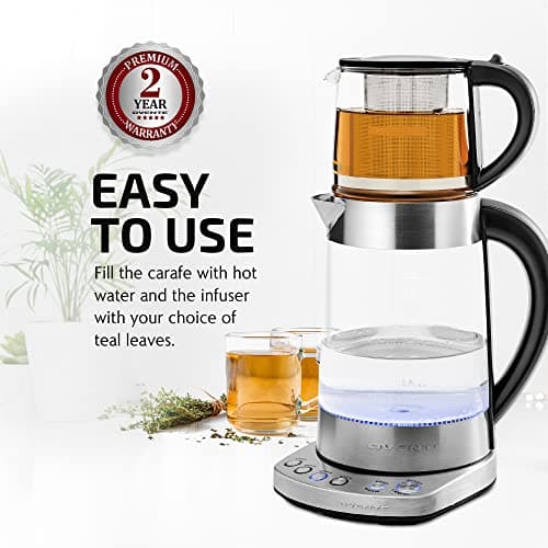 OVENTE 1.7L Electric Kettle and 27oz Borosilicate Glass Teapot, 1500W BPA Free Water Boiler Heater with Temperature Control, Keep Warm, Easy to Fill Lid and Removable Infuser, Silver KG733S + FGK27B 5
