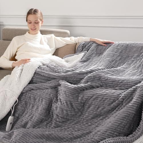 Heated Blanket Throw 50''x60''- Fast Heating Blanket Striped Pattern Flannel & Cuddly Sherpa Electric Blanket Throw with 5 Heat Settings & 4 Hour Auto Off, Great Gift to Elderly for Chilly Nights