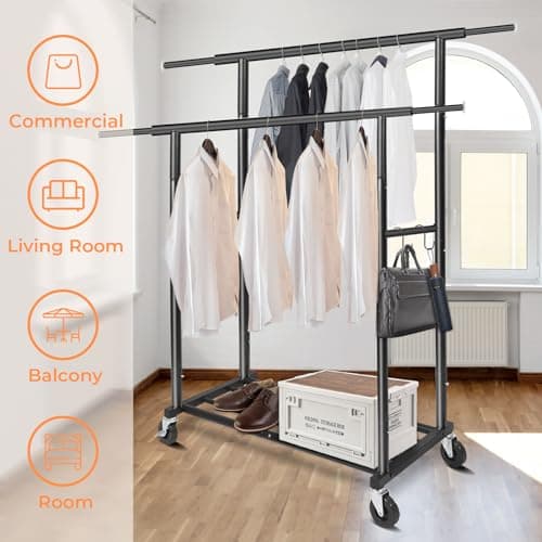 Fishat Stand Portable Black Double Rods Garment Rack with Rolling Clothes Organizer on Lockable Wheels Mobile, 48" W x 15" D x 67" H, Metal Simple Hanging Clothes with 2 Hook 8