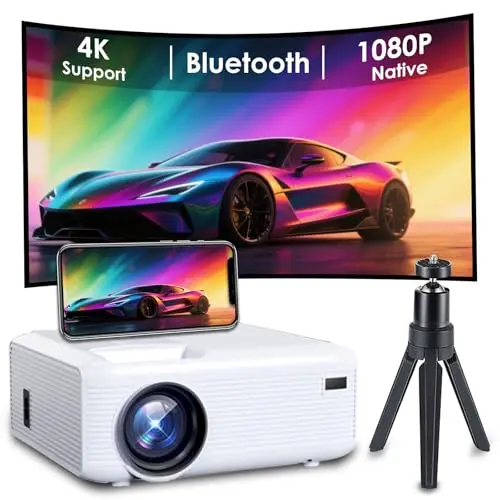 Mini Projector | 4K Support 200" Giant Screen | 500 ANSI Lumens, Bluetooth 5.2 | Portable Outdoor Movie Projector Compatible with TV Stick/Phone/HDMI/PC (Mini Portable Projector (With Bracket))