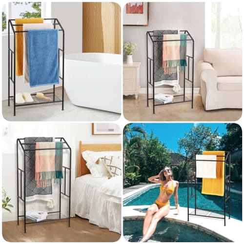 ALHAKIN Towel Racks for Bathroom, 43'' Tall 3 Tier Bathroom Towel Rack Stand with Storage Shelves, Freestanding Towel Drying Rack Pool Towel Rack for Outdoor, Black Blanket Rack Holder 8