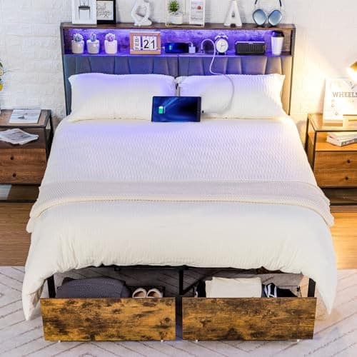 COMHOMA Queen Size Platform Bed Frame with LED Lights and Charging Station, Storage Headboard and Footboard Drawers, No Box Spring Needed, Rustic Wood Look 10