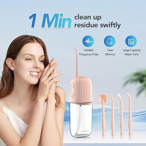 Operan Water Flossers for Teeth Cleaning Upgraded 200ml Cordless Water Dental Flossers Portable Rechargeable Oral Irrigator with 4 Modes 4 Jet Tips IPX7 Waterproof Water Floss for Home Travel (Pink) 7