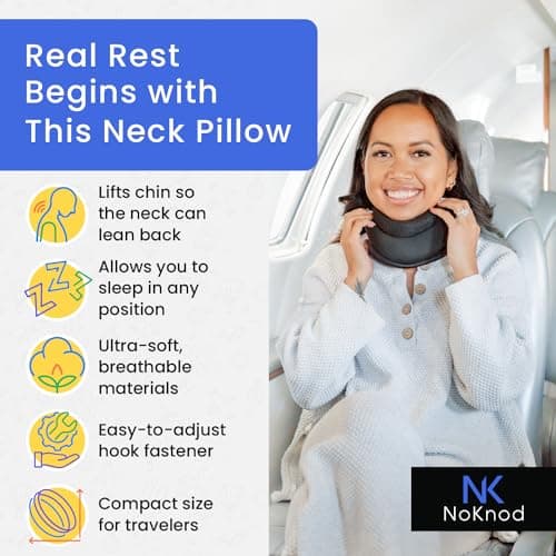 NoKnod Patented Travel Neck Pillow - Premium Soft Neck Support & Comfort for Sleeping on Airplanes & Cars- Memory Foam Shoulder & Neck Roll - Long Flight International Airplane Travel Pillow (Black) 5