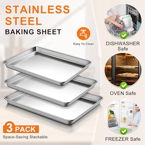 Baking Sheet Set of 3, Commercial Grade Stainless Steel Cookie Sheets for Baking, 12/16/17.5 Inch, Thicker and Firmer Baking Pans Set, Rust & Warp Resistant & Nonstick, Nontoxic&Heavy Duty&Easy Clean 5