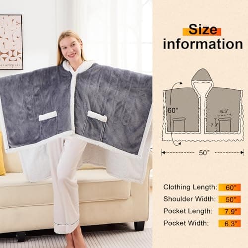 Wearable Heated Throw Blanket Electric Shawl ,Christmas Birthday Gifts for Grandma,Gift for Mom and Elderly Women,Heated Robe Poncho Blanket Hoodie for Adult, 5-Position Timer 10-Heating Levels,Grey 5