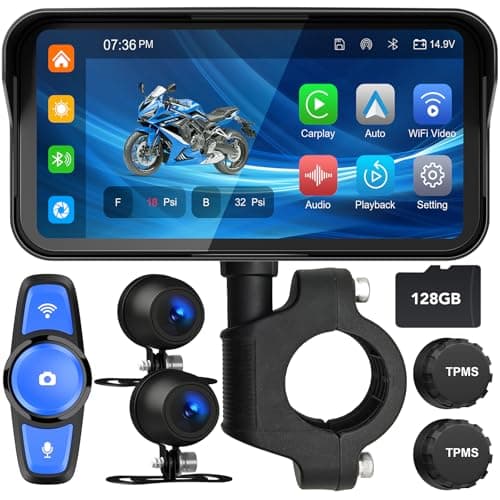 FancyTiger 6.25" Motorcycle Carplay with GPS Navigation System, IPS Waterproof Touchscreen, Inculed SD-128GB, TPMS, HD Touch Screen Auto and Dual 1080P Camera/Dash Cam, Support iOS/Android, BT, Siri