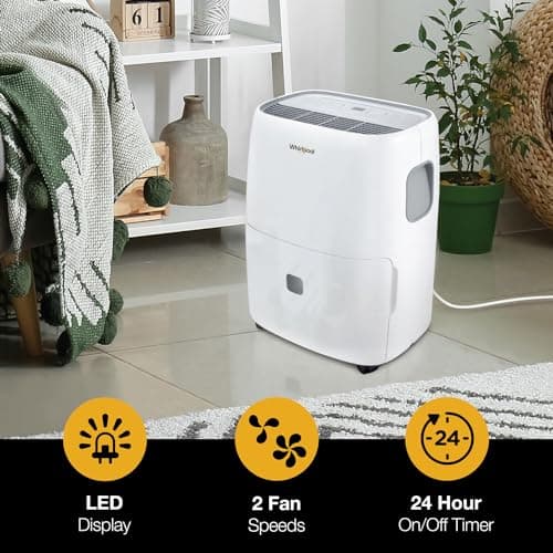 Whirlpool 50-Pint Portable Dehumidifier for Basement, Garage, and Living Room, 115V, Dehumidifier for Rooms up to 4500 Sq. Ft. with Energy Star Certification, Auto-Shutoff, and Timer in White 6
