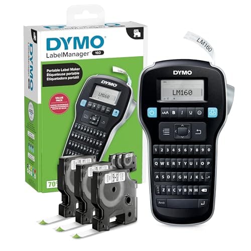 DYMO LabelManager 160 Portable Label Maker Bundle, Easy-to-Use, One-Touch Smart Keys, QWERTY Keyboard, Large Display, For Home & Office Organization, Includes 3 D1 label cassettes