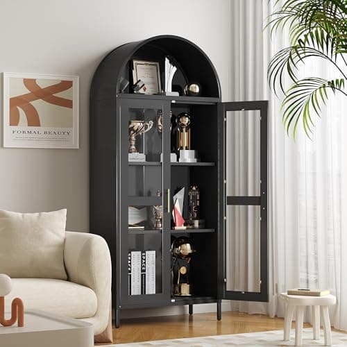 VEXPOR 73" Tall Arched Display Cabinet with Glass Doors, Metal Arched Curio Cabinet with 2 Adjustable Shelves for Living Room, Home Office, Assembly Required, Black