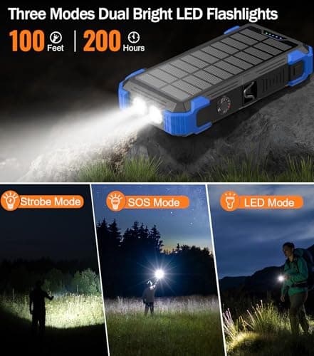 Sudrov Solar Charger Power Bank, 42800mAh Wireless Portable Charger with USB-C in/Output, QC3.0 Fast Charging 15W 4 Ports Outdoor Battery Pack Built-in LED Flashlight, for iPhone, Galaxy, iPad etc 5