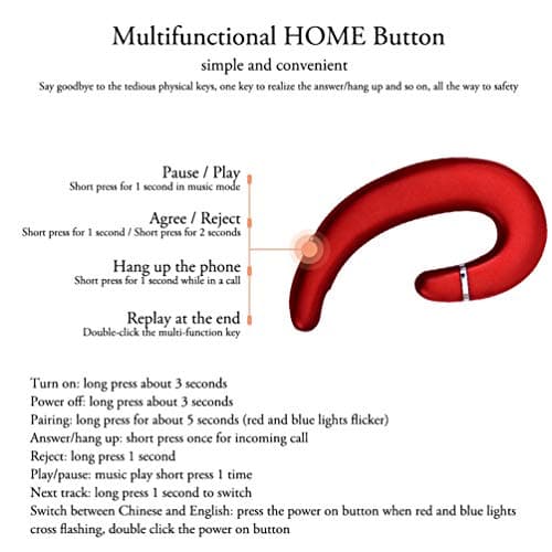 Sunffice Ear Hook Bluetooth Wireless Headphone,Non Ear Plug Headset with Microphone,Single Ear Noise Cancelling Earphones Painless Wearing for Android Smartphones,iPhone14 13 12 11 X 8 (Red) 6