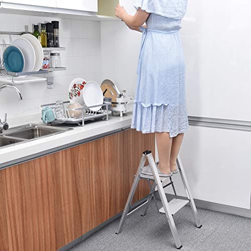 KINGRACK Aluminium 2 Step Ladder with Wide Steps, Lightweight Folding Ladder, Portable Slim Step Stool, Safety Household Ladder Stepladder with Multi-Function, 330lbs Load Capacity, Silver 6