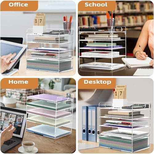 POCFOINY 5 Tier Paper Organizer for Desk, Acrylic Desk Organizer, Stackable Paper Tray Letter Tray, Acrylic File Organizer with Handles, Clear Paper Sorter for Home, Office Accessories Organization 6