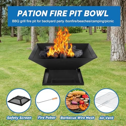 KINGBURN Outdoor Fire Pits for Outside Wood Burning Table Fire Pit with Spark Screen Cover, Fire Bowls Backyard Fire Pit with Fire Poker for Camping Beach (Black, 18.5 Inch) 6