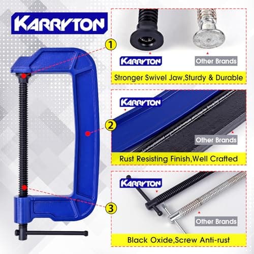 KARRYTON 6 inch C Clamps 4-Pack, 3-3/8"(86mm) Large Deep Throat, Ductile Iron C-Clamp w/ 2310LB Clamping Force, Unique Ergonomic Design for Welding, Woodworking, Metal and DIY Projects 5