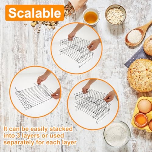 3-Tier Stackable Cooling Rack 13.4x9.4 Collapsible Baking Rack with Non-Stick Coating, Rustproof Heavy Duty Iron Wire Racks for Cooling, Baking, Grilling, Oven & Dishwasher Safe 5
