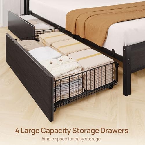 Rolanstar Bed Frame Twin Size with Charging Station and LED Lights, Upholstered Storage Headboard with Drawers, Heavy Duty Metal Slats, No Box Spring Needed, Noise Free, Easy Assembly, Dark Grey 5