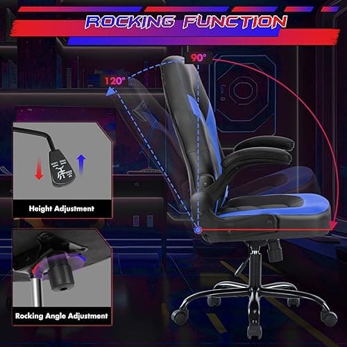 Sweetcrispy Computer Video Game Chair - Ergonomic Home Office with Comfy Lumbar Support, PU Leather Height Adjustable with Flip-up Armrest and 360° Swivel Wheels, Blue, for Adults, Teens 6