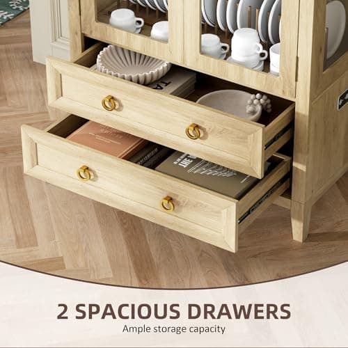 Vlsrka 71" Arched Curio Cabinet with Glass Doors, 4-Shelves Display Cabinet and 2 Drawers, Display Case with 3 Color Lights, Tall Bookcase, Kitchen Pantry, Wood Color 6