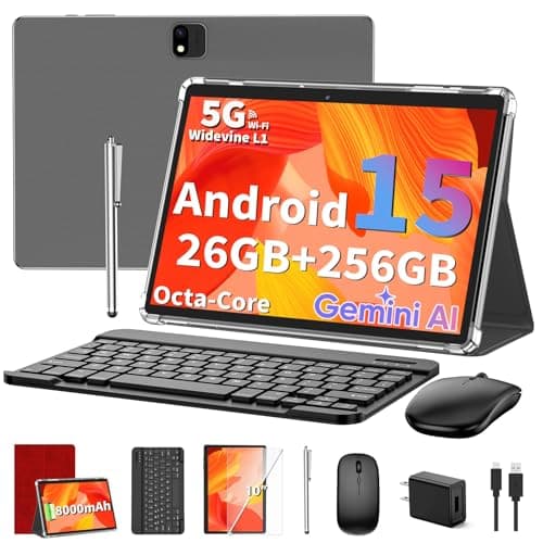 Android Tablet with Keyboard, Android 15 Tablet 10 inch, 26GB+256GB+2TB Expand, 2-in-1 Tablets with 8-Core, 5G WiFi, 8000mAh, BT5.0, GMS, GPS, Gemini AI, Tablets PC with Mouse, Case, Stylus(Red)