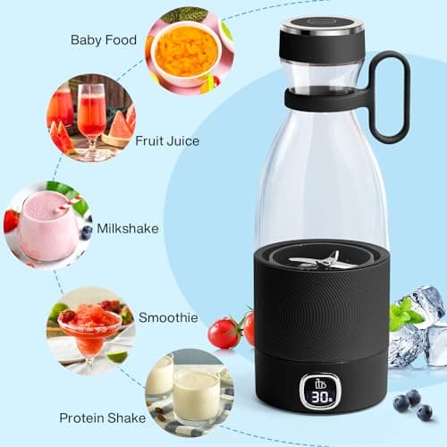 MIAOKE Portable Blender, 6 Blades Juicer Cup for Juice Shakes and Smoothies 350ml Mini Blender with Led Display Usb Rechargeable,3000Mah Rechargeable Battery, for Home Sports Outdoors Travel-Black 8