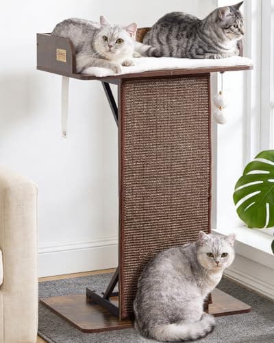 Modern Wood Cat Tree Tower for Indoor Large Cats, 33.8-Inch Tall Wooden Cat Trees with Big Perch Bed, Cat Scratching Pads, Washable Removable Cushions and Scratching Mat, Cat Furniture, Rustic Brown