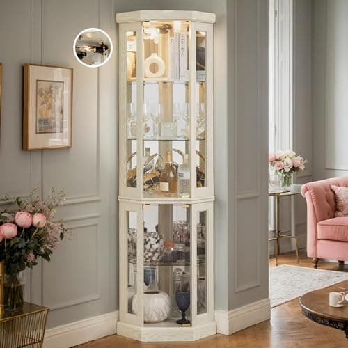 CKEASEAN Corner Curio Cabinet, 70" H Lighted Glass Display Cage with Tempered Glass Doors and Adjustable Shelves, Bulb Inclued, Wine Bar China Cabinet for Living Room Liquor Storage (White)