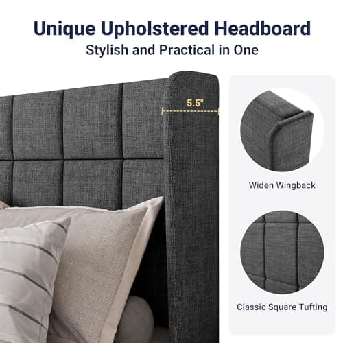 Allewie Queen Size Platform Bed Frame with Wingback, Fabric Upholstered Square Stitched Headboard and Wooden Slats, Mattress Foundation, Box Spring Optional, Easy Assembly, Dark Grey 6