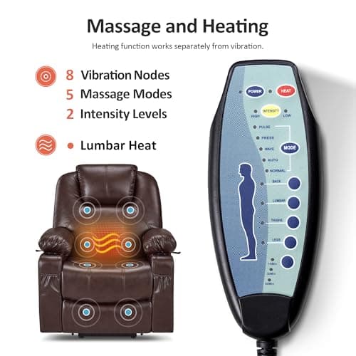 MCombo Electric Power Lift Recliner Chair Sofa with Massage and Heat for Elderly, 3 Positions, 2 Side Pockets, and Cup Holders, USB Ports, Faux Leather 7040 (Dark Brown, Medium) 7