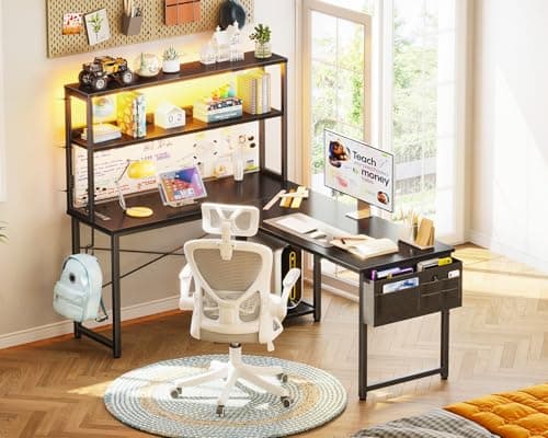 AODK L Shaped Desk Gaming Desk with LED Light & Power Outlet, 53 Inch Reversible L Shaped Computer Table with Shelf & Storage Bag & Hook for Home Office, Black 9