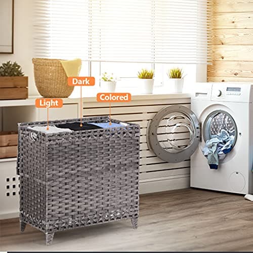 Laundry Hamper with 3 Removable Liner Bags; 132L Handwoven Rattan Laundry Basket with Lid & Heightened Feet; Clothes Hamper with Side Handles; Laundry Sorter with 3 Separate Sections (Gray) 9