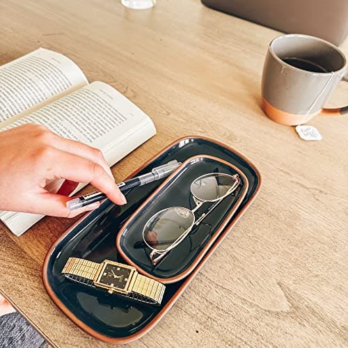 Mora Ceramic Decorative Tray - Rectangle 6.4in Dish for Jewelry, Perfume, Makeup, Accessories, Candle, in The Bathroom Vanity, Bedside, or Kitchen Counter. Cute Organizers - Black 6