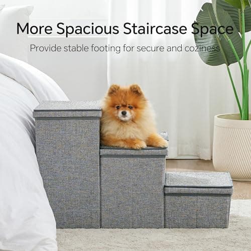 BEDELITE Dog Stairs for Small Medium or Large Dogs, 3 Tiers Dog Steps for High Bed and Couch 17" H, Foldable Pet Stairs with Detachable Mats & Storage, Grey 8