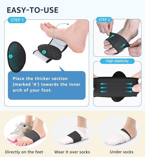 HiRui 2-Pack Arch Support Cushions with Silicone Pad for Plantar Fasciitis Relief - Non-Slip Elastic Foot Arch Brace for Flat & Fallen Arches, High Arch, Foot Care - Fits All Shoes (Black, Medium) 5