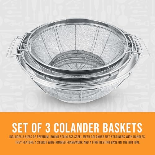 U.S. Kitchen Supply Set of 3 Stainless Steel Colander Strainers Net Baskets 5, 4, & 3-Quart - Colander with Handles & Resting Base - Stainless Steel Sieve, Mesh Strainers and Colanders for Kitchen 7