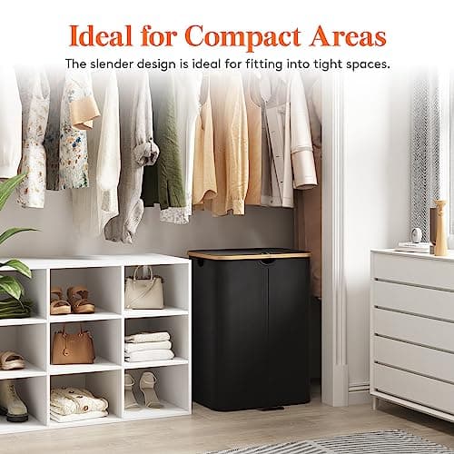 Lifewit 150L Double Laundry Hamper with Lid, Large Laundry Basket with Removable Bag & Bamboo Handles, Fodable Tall Dirty Clothes Hamper for Laundry Collapsible Bin for Bathroom Bedroom Dorm, Black 6