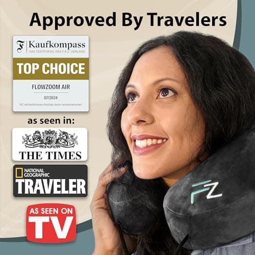 FLOWZOOM Air Inflatable Neck Pillow for Traveling on Plane - H-Shape Hooded Airplane Pillow with 5 Snooze Modes, Fast Inflation, Pressure Control, Cozy Clip-On Hood & Plushy Cover - Size L, Jet Black 8